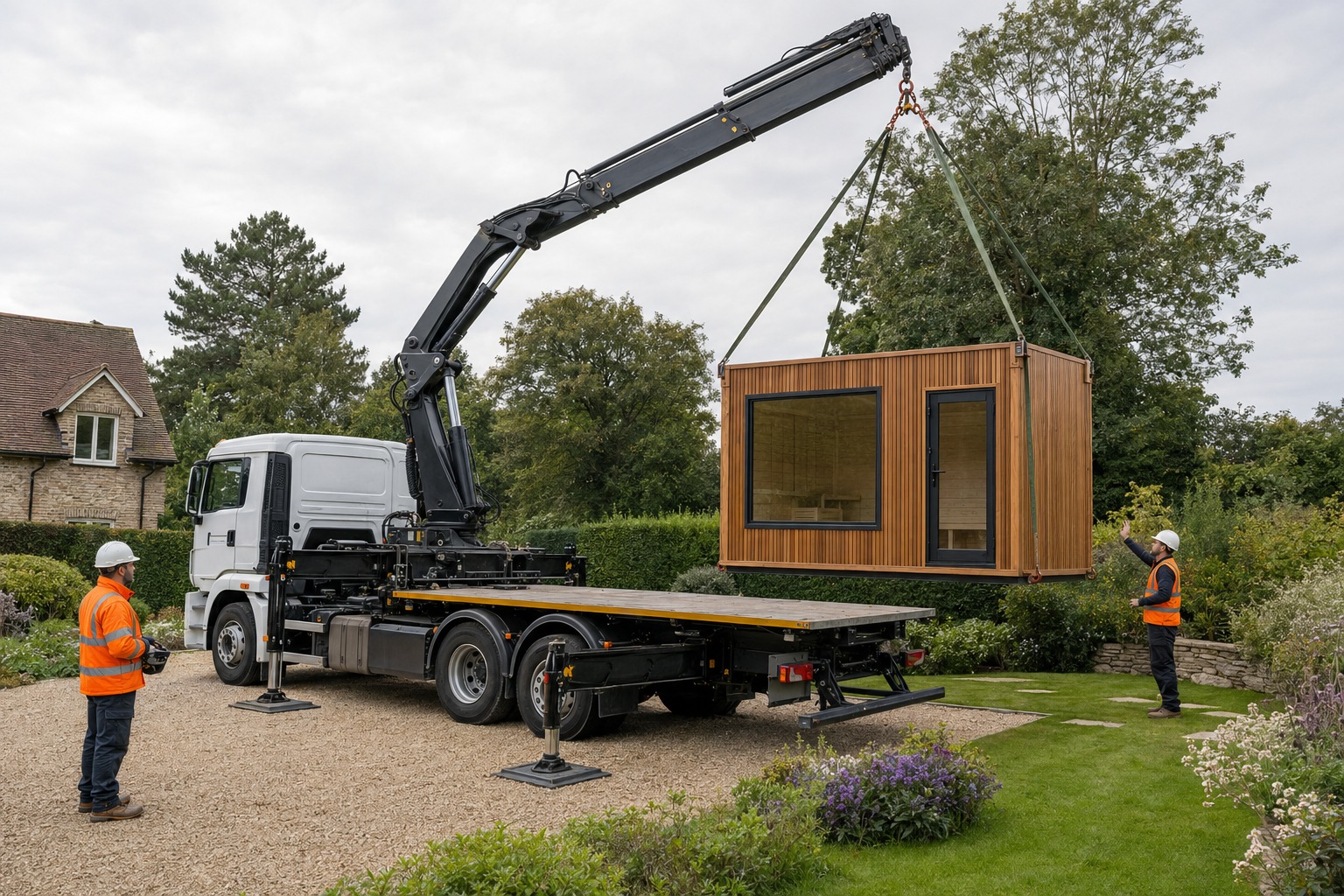 Finished sauna cabin being lifted into a garden by a lorry-mounted crane
