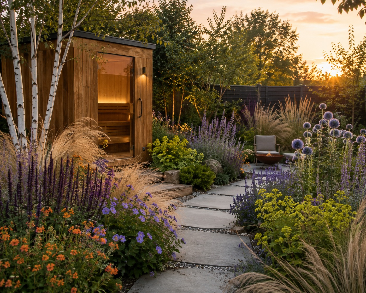 Coastal Meadow planting scheme around an outdoor sauna