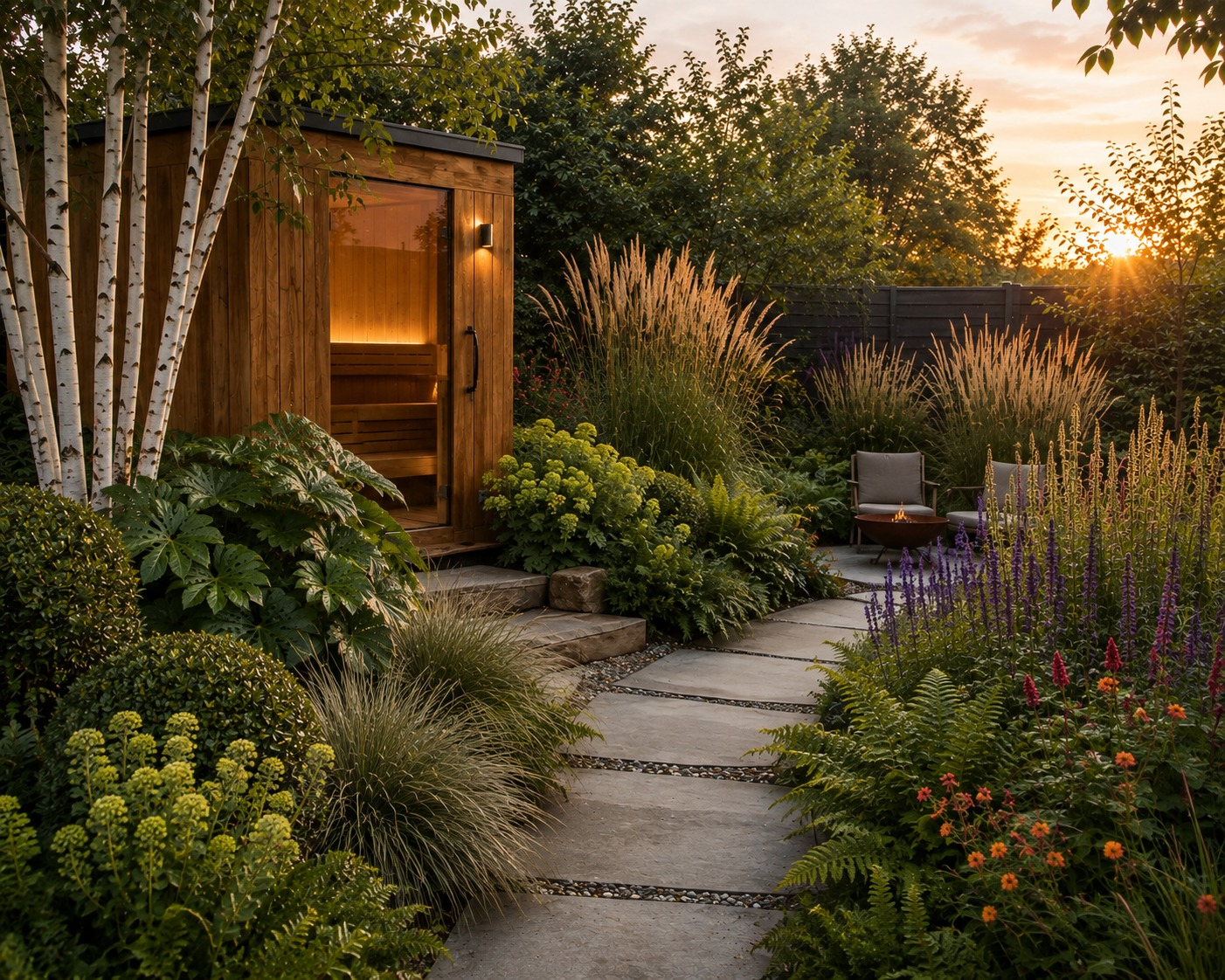 Woodland Retreat planting scheme around an outdoor sauna